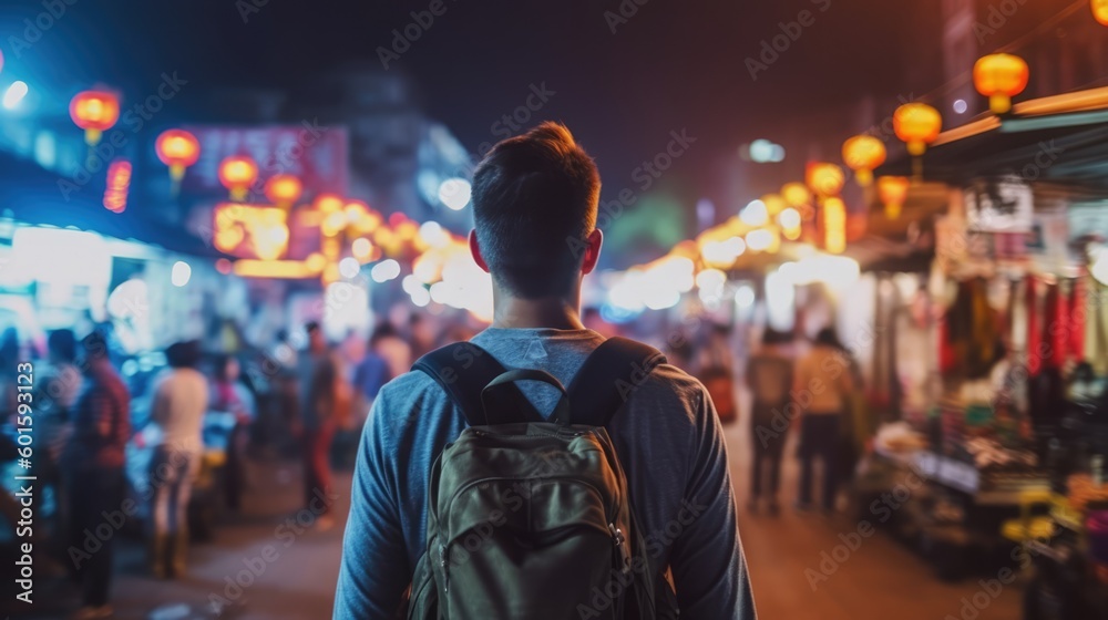 Young man with backpack walking at night market, Generative AI Young man with backpack walking at night market, Generative AI