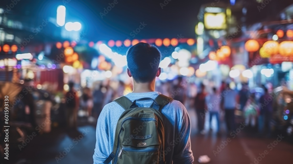 Young man with backpack walking at night market, Generative AI Young man with backpack walking at night market, Generative AI