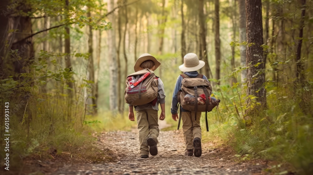 Two boys with backpacks walking in the forest. Backpackers, Generative AI