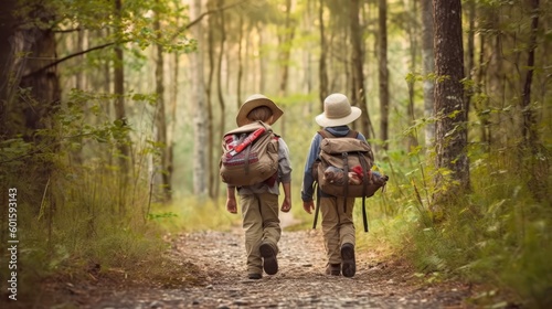 Two boys with backpacks walking in the forest. Backpackers, Generative AI