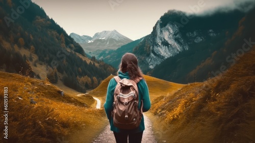 Woman with backpack walking on the road in the mountains. Travel and adventure concept  Generative AI