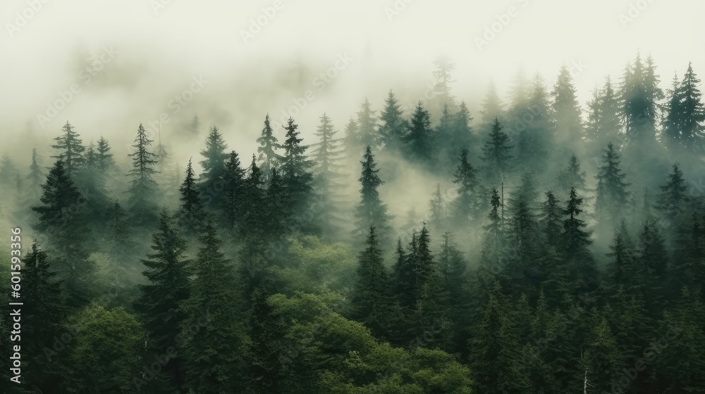 Foggy morning in the mountains. Beautiful landscape with coniferous forest, Generative AI Foggy morning in the mountains. Beautiful landscape with coniferous forest, Generative AI