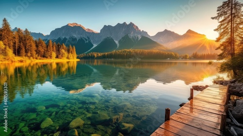 Fantastic morning view beautiful lake. Dramatic wintry scene of nature concept background, Generative AI
