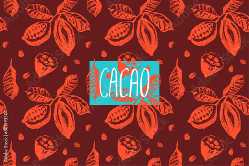 Red cocoa fruits pattern seamless with cocoa bean hand drawn illustrations. Cacao beans wallpaper for chocolate packaging design, cocoa powder label, organic cacao butter backdrop. Cocoa cosmetics.