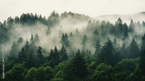 Foggy morning in the mountains. Beautiful landscape with coniferous forest, Generative AI
