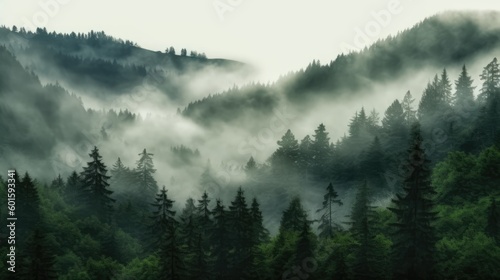 Foggy morning in the mountains. Beautiful landscape with coniferous forest, Generative AI