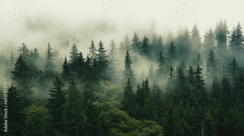 Foggy morning in the mountains. Beautiful landscape with coniferous forest, Generative AI © tanatat