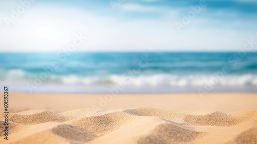 Closeup of sand on tropical beach with sea and blue sky background, Generative AI