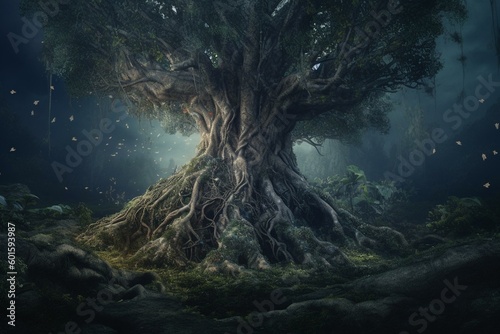 Fantasy illustration of a stunning tree with roots and vibrant surroundings. Generative AI