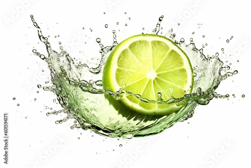 Fresh lime cut in half with water splash isolated on white background, AI generative