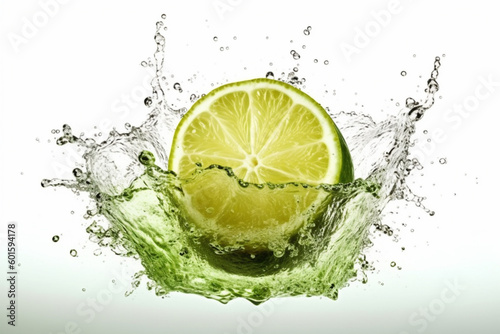 Fresh lime cut in half with water splash isolated on white background, AI generative