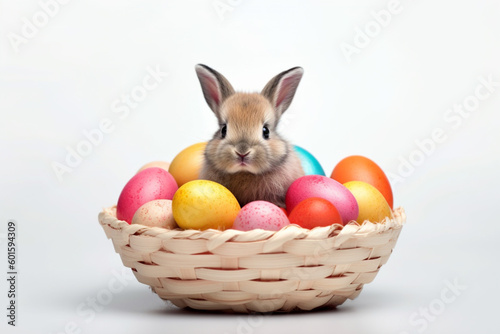 Easter eggs in basket with cute bunny isolated white background. Ai generative