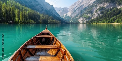 Wooden boat on the lake surrounded by beautiful mountains, summer scenery, Generative AI