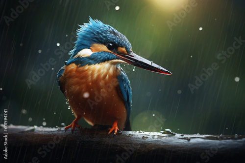 Stunning portrait of kingfisher in the rain. generative AI