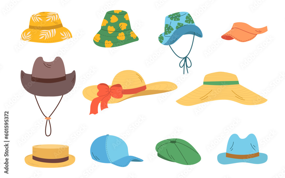 Set female and male summer hats. Panamas, caps, baseball hat, cowboy hat, straw hats. Stylish modern design. Flat hand drawn colorful vector illustration isolated on white background.