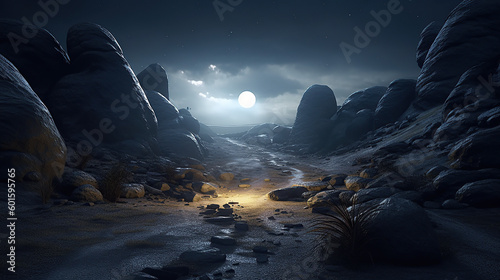 night on the planet with a view of the moon. rocky terrain. a stream and a ray of light in the darkness.