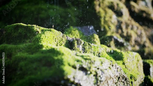 Closeup of water droplets bouncing after hitting mossy green covered rocks in sunlight photo