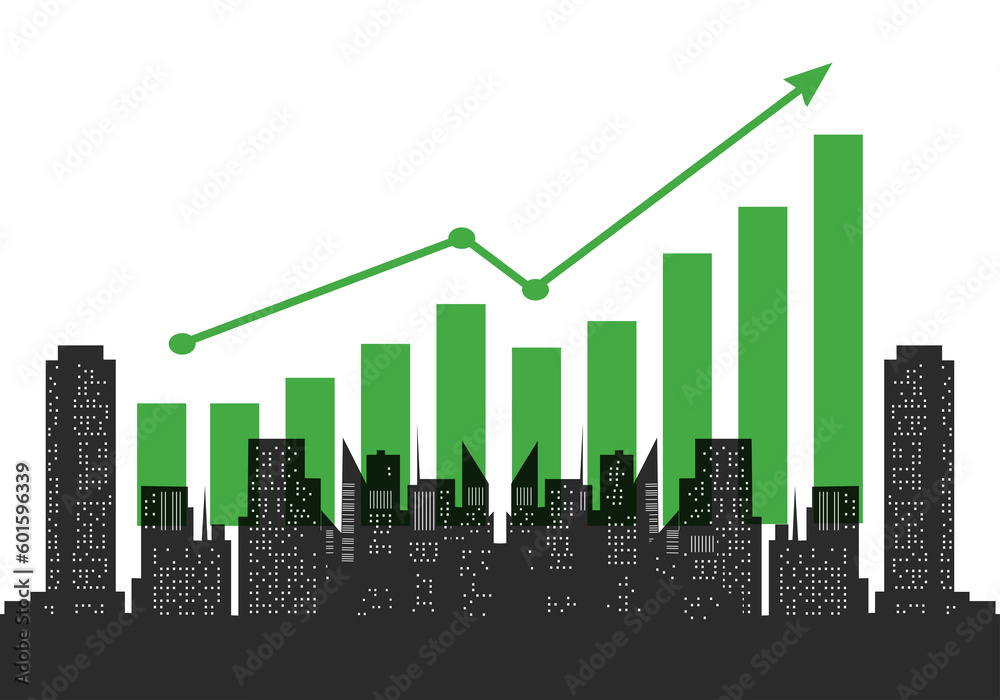 Abstract city building scene and rising arrow chart symbol. PNG