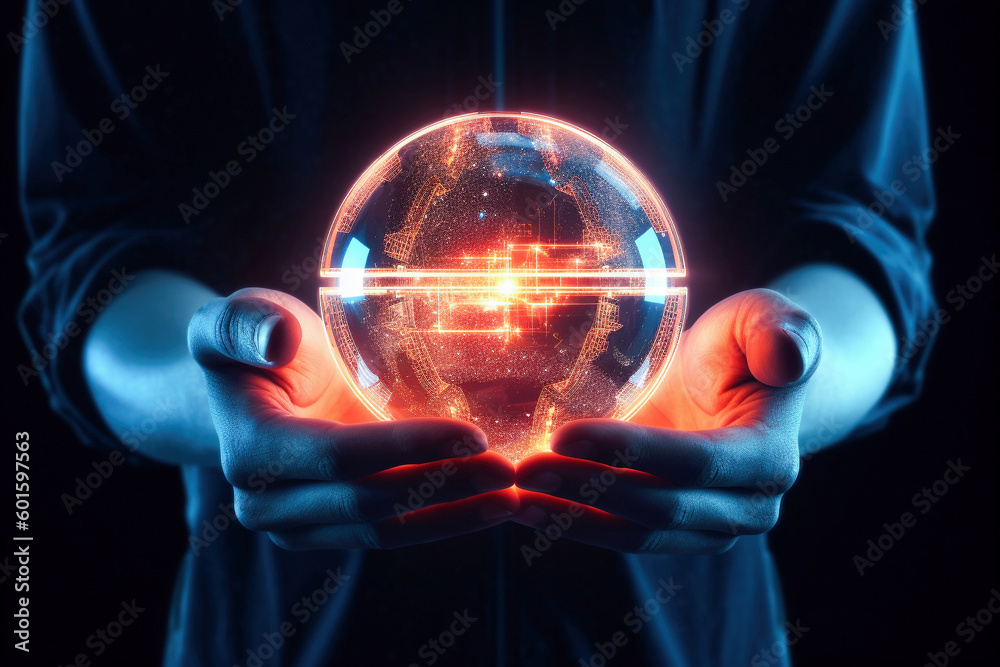AI generative. Hands holding hologram sphere. AI generative. Hands holding hologram sphere.