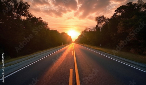 AI generative. Road leading into a sunset
