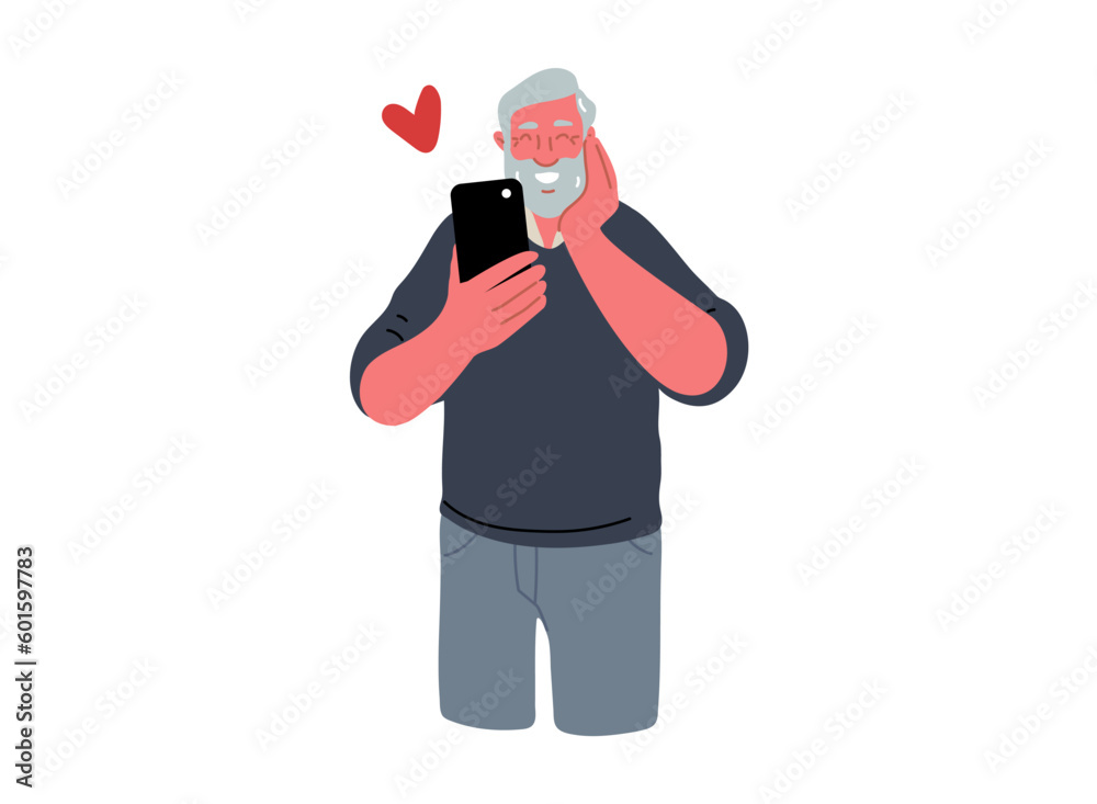 Senior man looking at mobile phone and smile.Love emotion.Vector Illustration