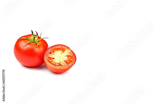 Fresh whole and sliced red tomatoes isolated on white background with copy space. Created with Generative AI Technology