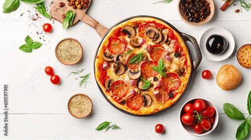 Delicious pizza with champignon mushrooms, tomatoes, mozzarella, peppers and black olives, on white wooden background, top view, flat lay ai illustration 