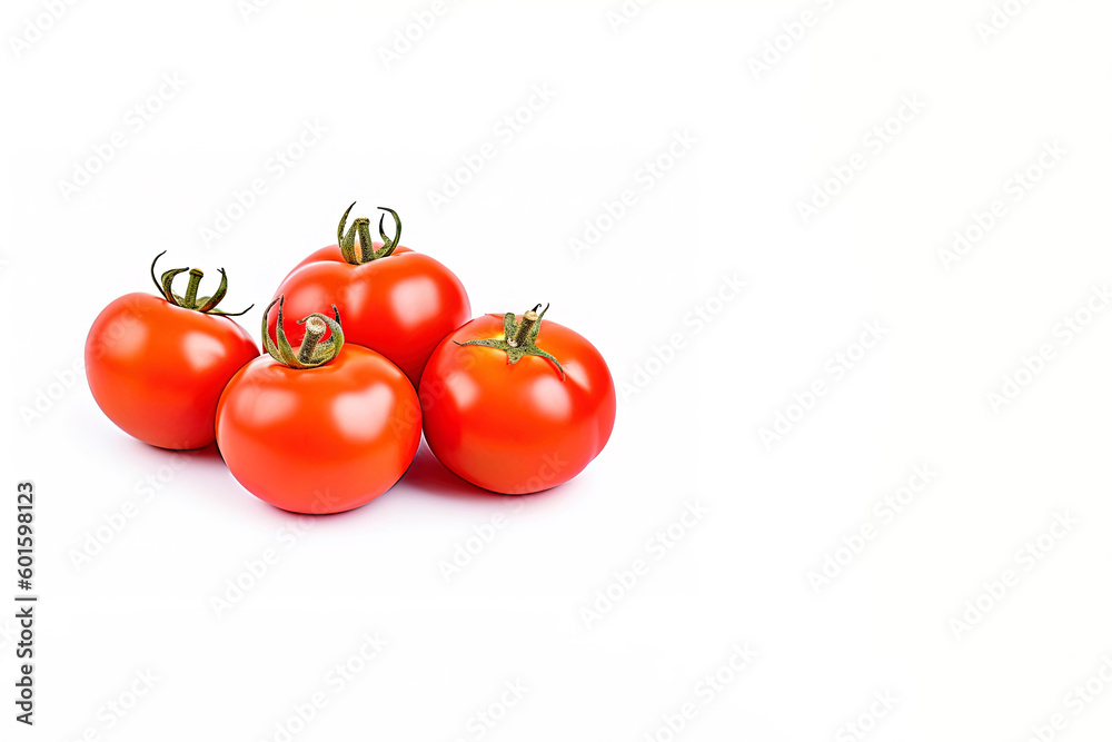 A group of fresh whole red tomatoes isolated on white background with copy space. Created with Generative AI Technology