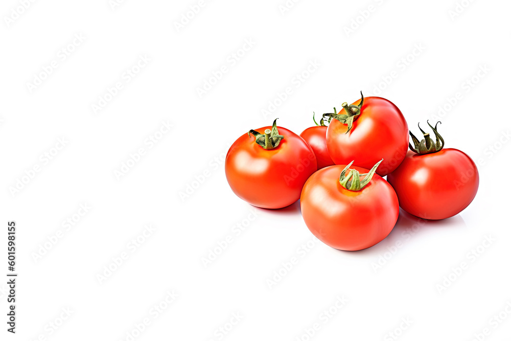 A group of fresh whole red tomatoes isolated on white background with copy space. Created with Generative AI Technology A group of fresh whole red tomatoes isolated on white background with copy space. Created with Generative AI Technology