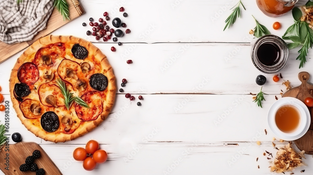 Delicious pizza with champignon mushrooms, tomatoes, mozzarella, peppers and black olives, on white wooden background, top view, flat lay ai illustration Delicious pizza with champignon mushrooms, tomatoes, mozzarella, peppers and black olives, on white wooden background, top view, flat lay ai illustration