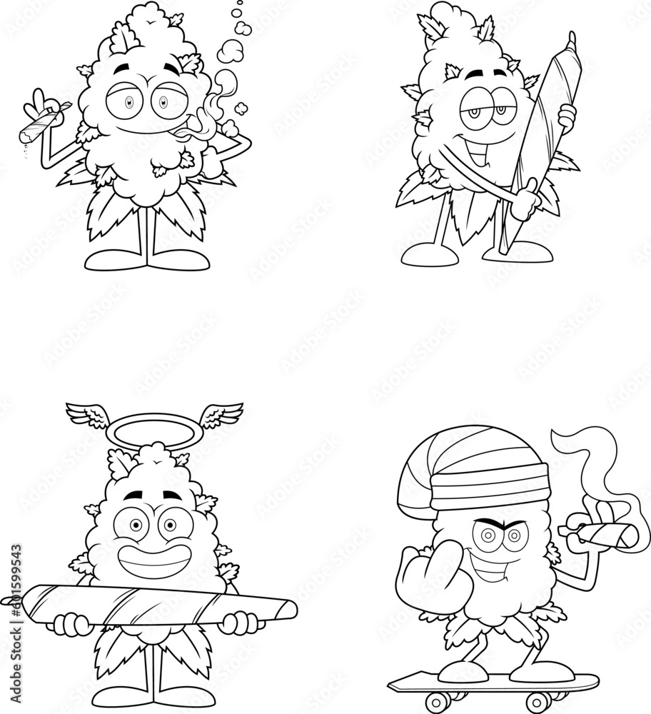 Fototapeta premium Outlined Marijuana Bud Cartoon Characters Smoking A Joint. Vector Hand Drawn Illustration Isolated On Transparent Background