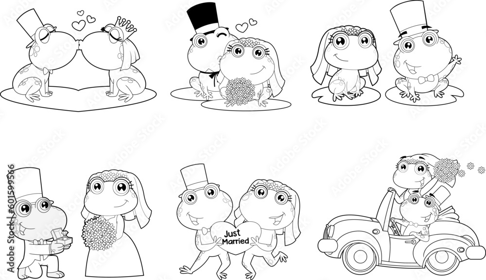 Outlined Cute Frogs Cartoon Characters Newlyweds. Vector Hand Drawn Collection Set Isolated On Transparent Background