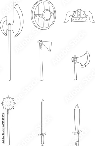Outlined Cartoon Medieval Weapons. Vector Hand Drawn Collection Set Isolated On Transparent Background