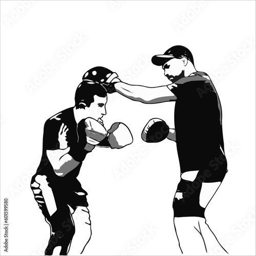An image of a man is conducting a boxing trainning with a boxer.
Suitable design for creative arts, t shirt design, print on demand, poster template