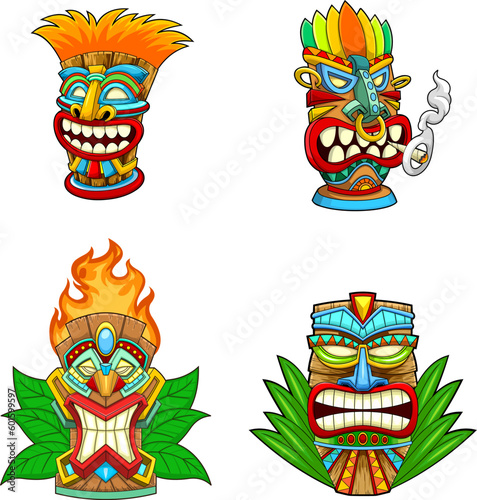 Cartoon Tiki Tribal Wooden Masks. Vector Hand Drawn Collection Set Isolated On Transparent Background