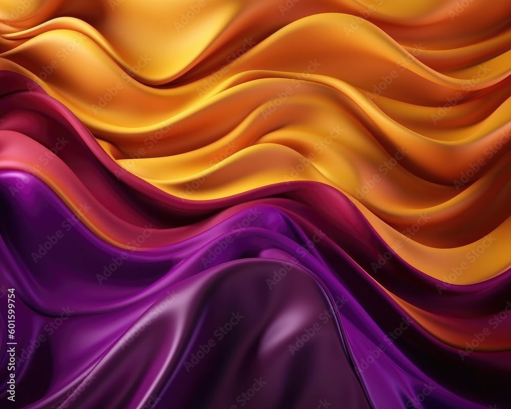 Fototapeta premium A bright gold and purple silk fabric with a 3D wave is depicted in the abstract background. (Generative AI)
