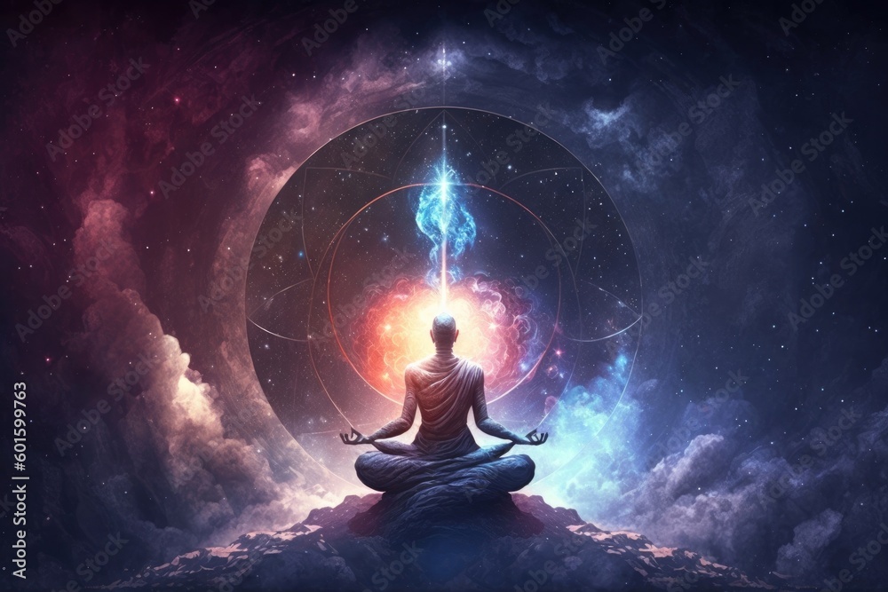 The 3D illustration shows a man meditating in lotus pose with a galaxy background for spiritual well-being. (Generative AI)