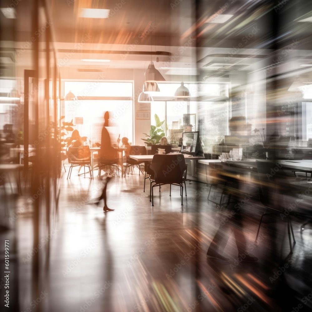 People in a coworking or office space seen in a blurry silhouette. (Generative AI)