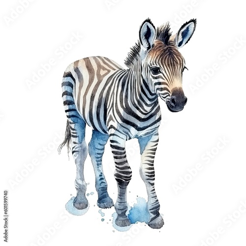 Baby Zebra watercolor with ink outline on white background  high detailed  generative AI 