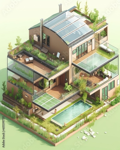 A green and modern self-sustaining family home with low energy consumption located on garden land is illustrated. (Generative AI) © HandmadePictures
