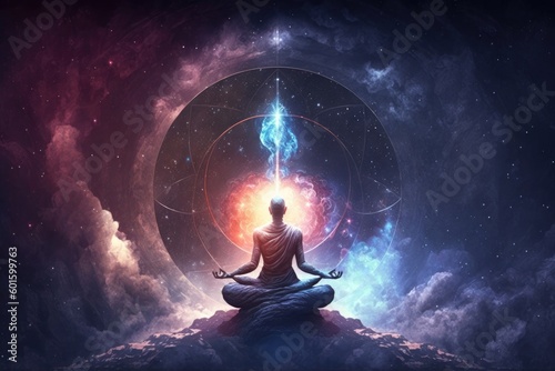 The 3D illustration shows a man meditating in lotus pose with a galaxy background for spiritual well-being. (Generative AI) © HandmadePictures