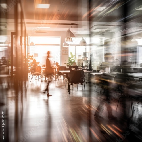 People in a coworking or office space seen in a blurry silhouette. (Generative AI)