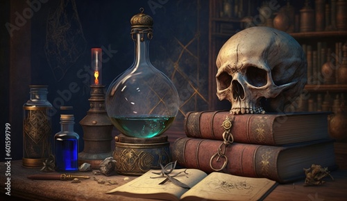 The alchemist room contains old books, a skull, and a potion bottle. (Generative AI)