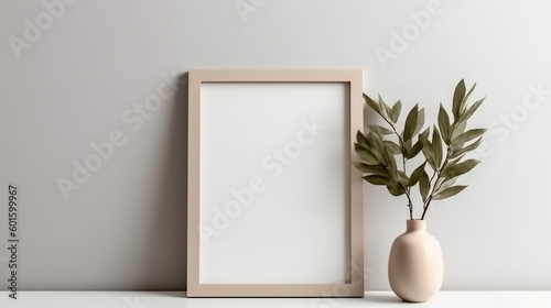 Empty horizontal frame mockup in modern minimalist interior with plant in trendy vase on white wall background, Template for artwork, painting, photo or poster. Generative AI
