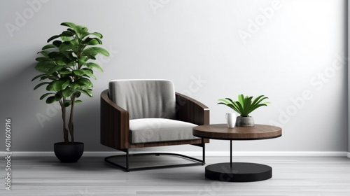 Round, modern, beautiful grain wood coffee table podium, steel leg gray armchair, cushion in sunlight 