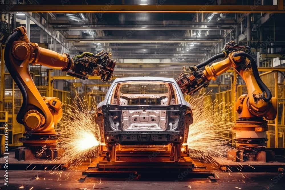Futuristic Machines in Factory: Robots Producing Auto Parts, Generative AI Technology