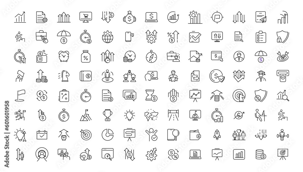 Growth and success line icons collection. Big UI icon set in a flat design. Thin outline icons pack.