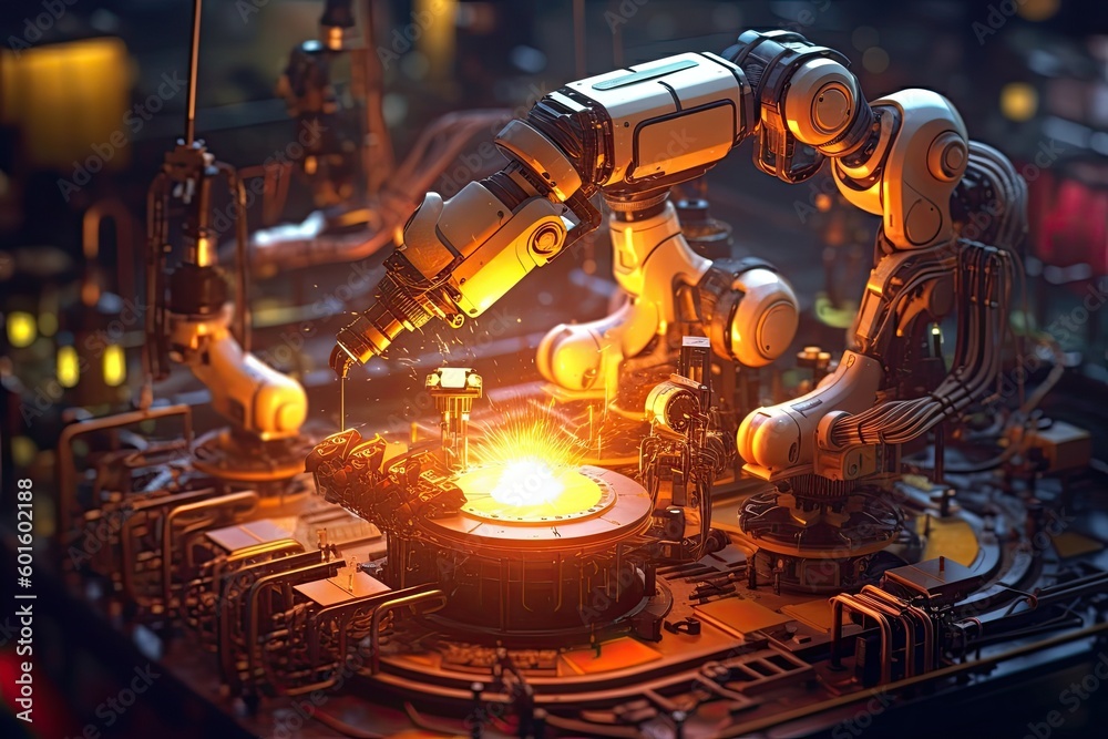 Futuristic Machines in Factory: Robots welding in a production line, Generative AI Technology