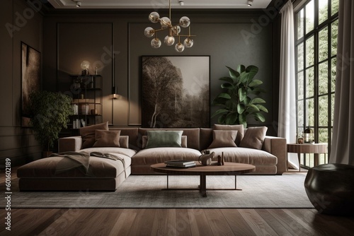 Contemporary lounge with neutral sofa furniture. Generative AI