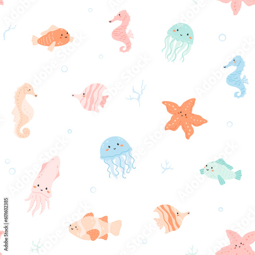 Undersea animals, seamless pattern with cute aqua creatures, fish, kawaii squid, jellyfish, starfish, pretty seahorse. Minimal background, vector illustration. Underwater characters, bubbles, corrals